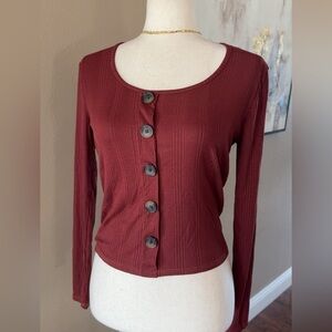 Long sleeve faux button ribbed top